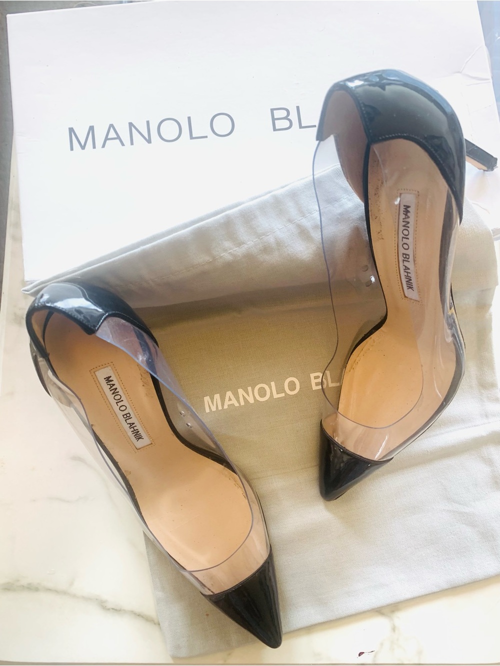 MANOLO BLAHNIK CRYSTAL Clear Stiletto Pump-Sz. 8.5/9-Black/Clear